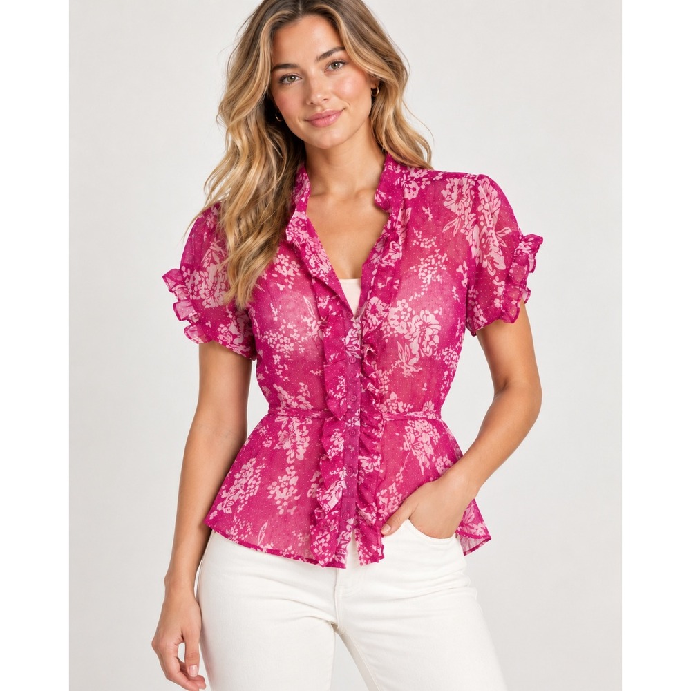 Vintage De Coded Y2K Sheer Pink Floral Ruffle Tie Back Blouse Top S Coquette